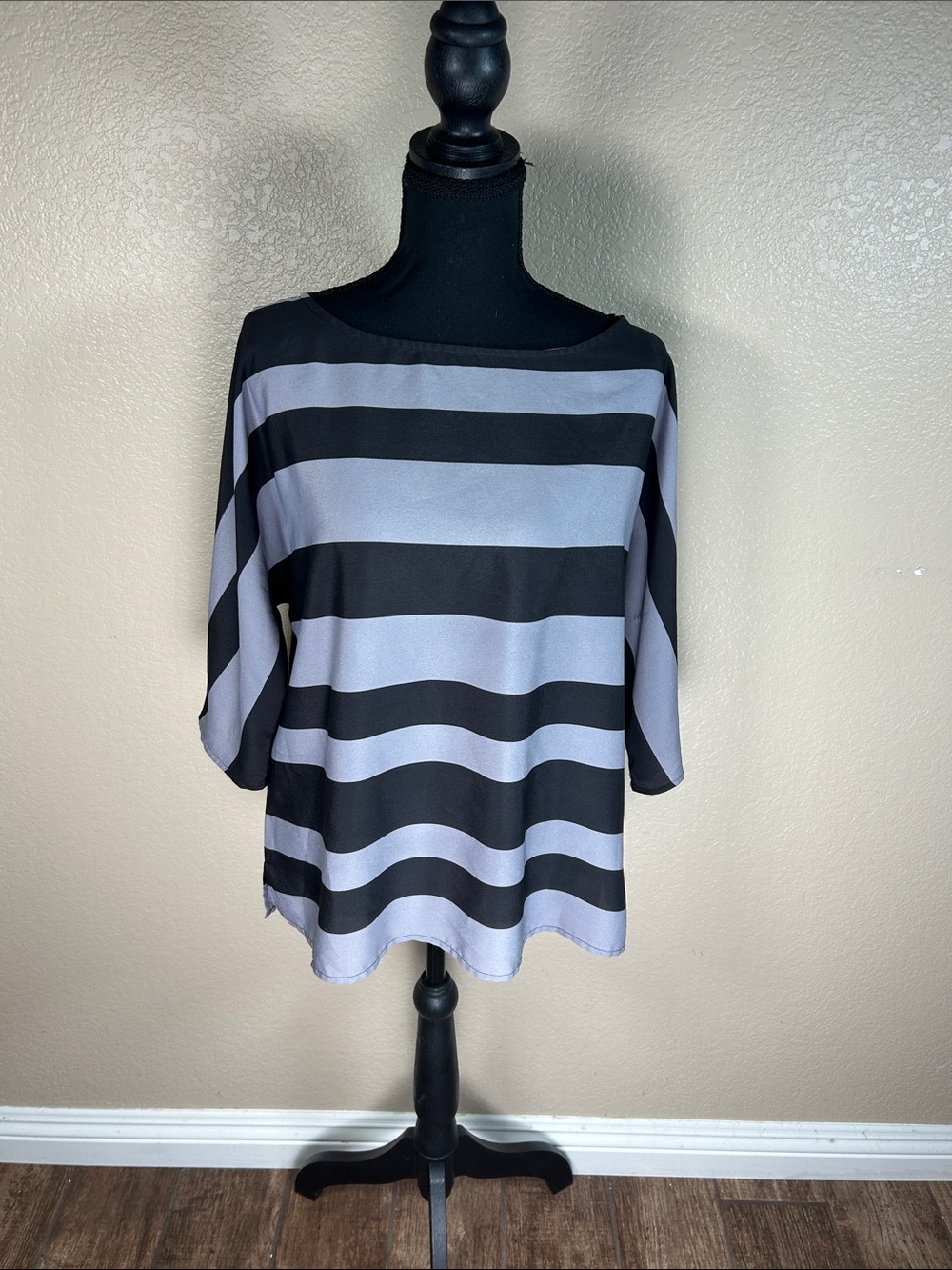 LOFT Petite Large Black & Gray Striped Dolman Sleeve Top